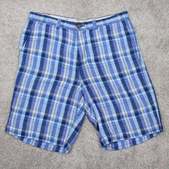 Tommy Bahama Shorts Men 34 Blue/Yellow Plaid Linen/Tencel Lyocell w/ 10" inseam - Picture 1 of 10